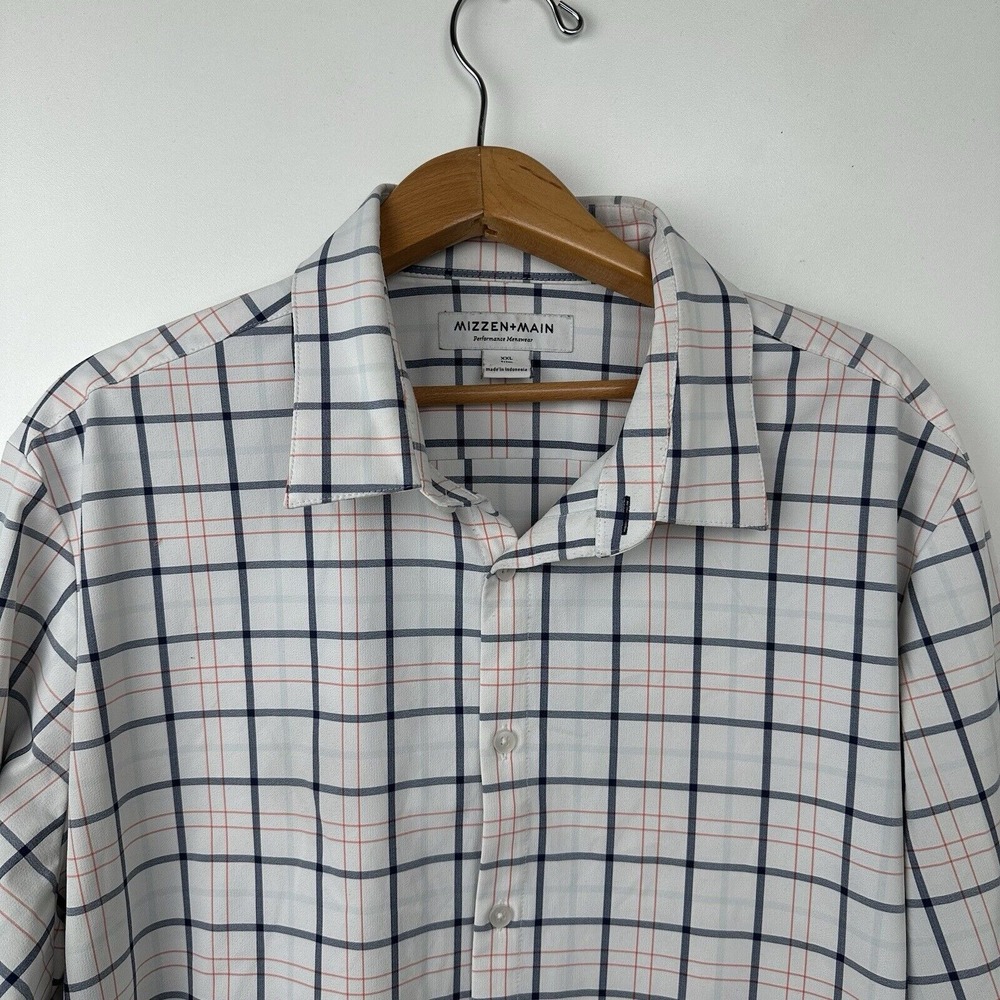 Mizzen Main Performance Menswear Size XXL 2XL Trim White Blue Plaid Button Shirt